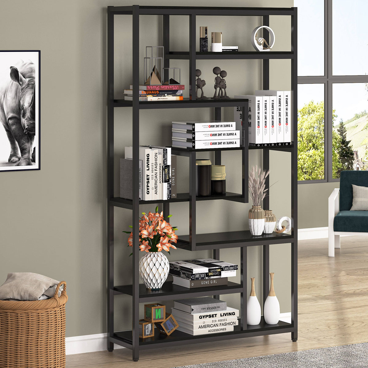 Black Staggered Bookshelf Etagere Bookcase X154672