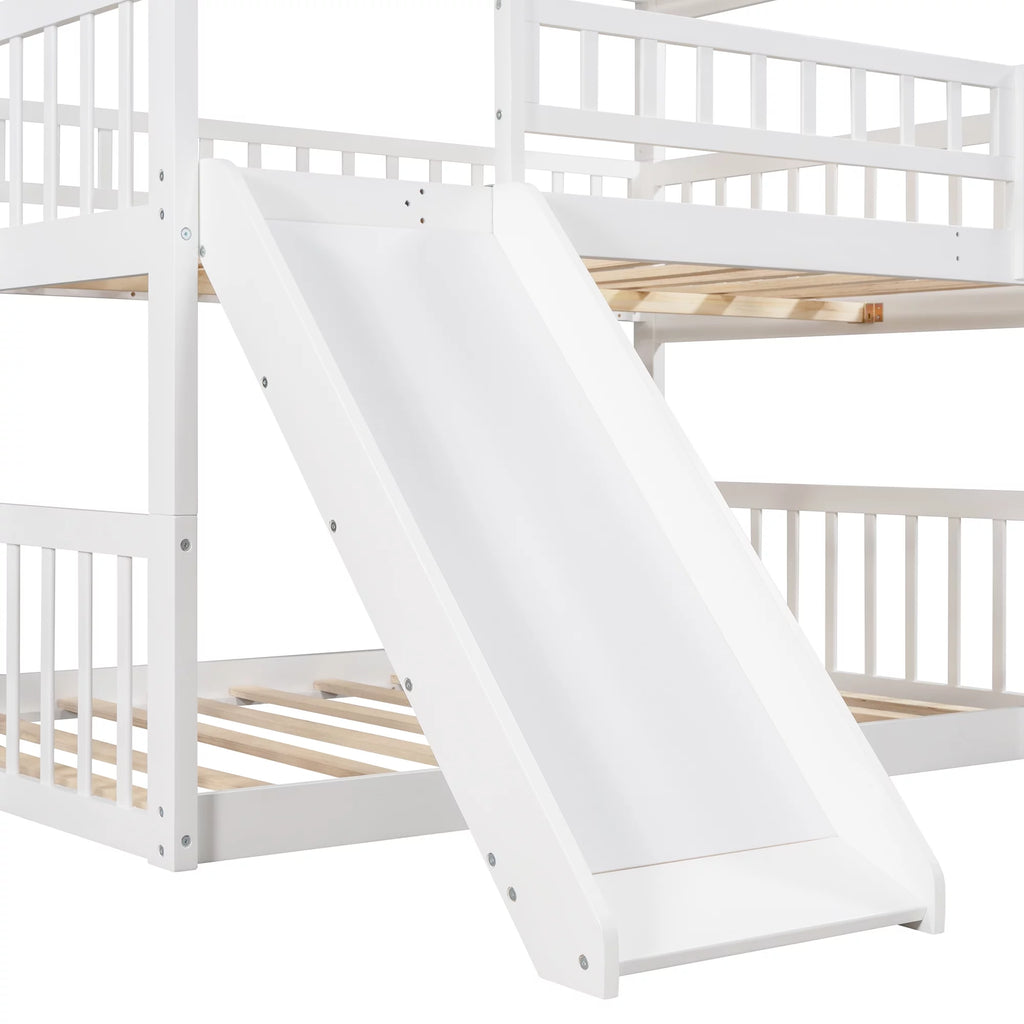 White Triple Bunk Bed with Ladder and Slide T6535