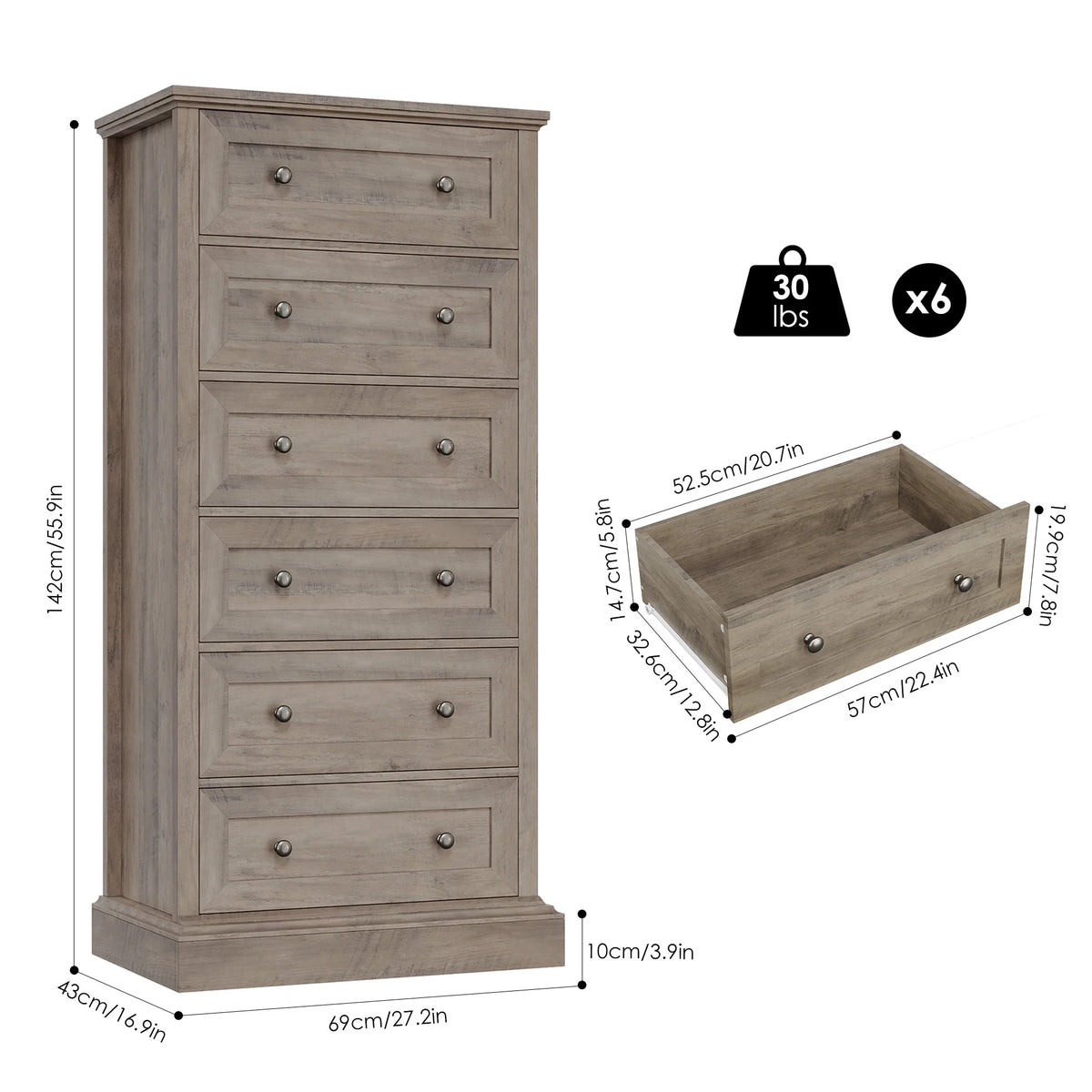 Gray 6 Drawer Wood Dresser A8841