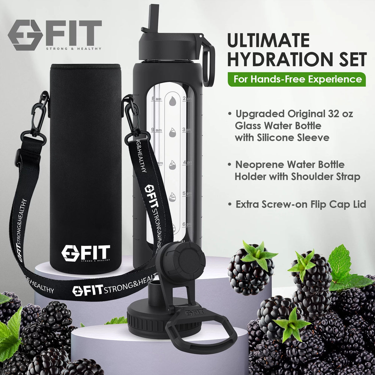 32 oz Glass Water Bottle with Time Marker and Carrier V473