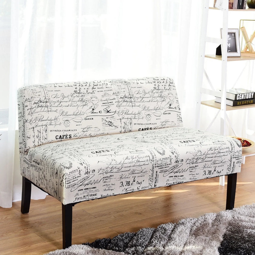 Off-White Cursive Pattern Loveseat Sofa with Black Wood Legs K5100