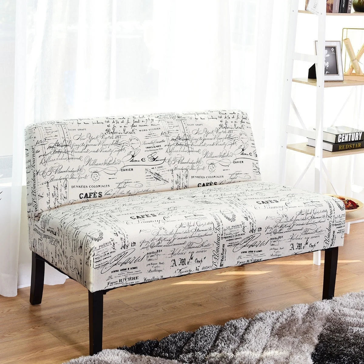 Off-White Cursive Pattern Loveseat Sofa with Black Wood Legs K5100