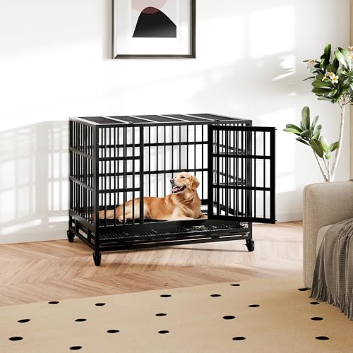 48 inch Heavy Duty Dog Crate with Lockable Wheels, Double Door, Removable Tray, Black A524