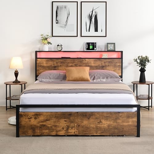 Full Size Metal Platform Bed with Storage Headboard and 2 Drawers Q8593