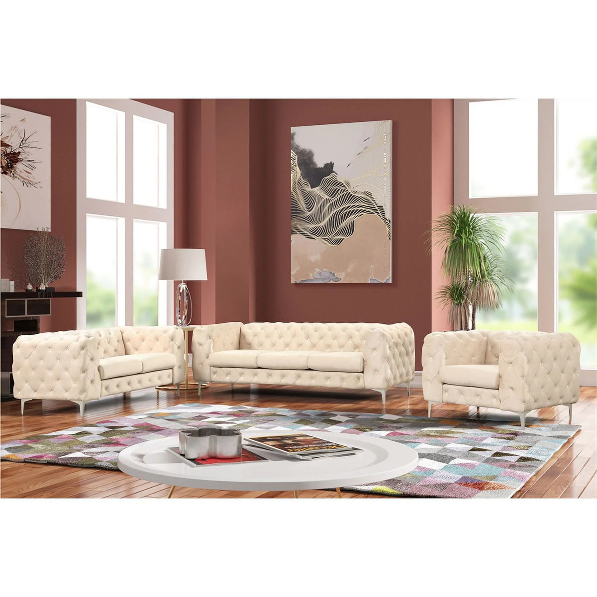 3 Piece Beige Velvet Sofa Set D6961