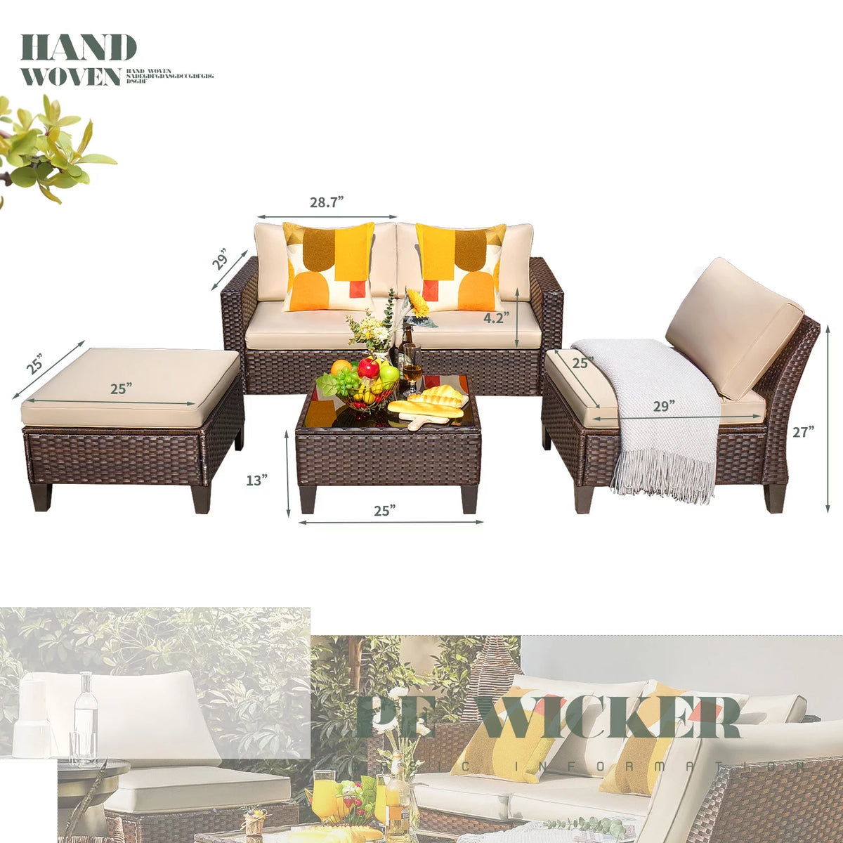 5 Pieces Wicker Rattan Outdoor Sofa Set with Ottoman Z409529