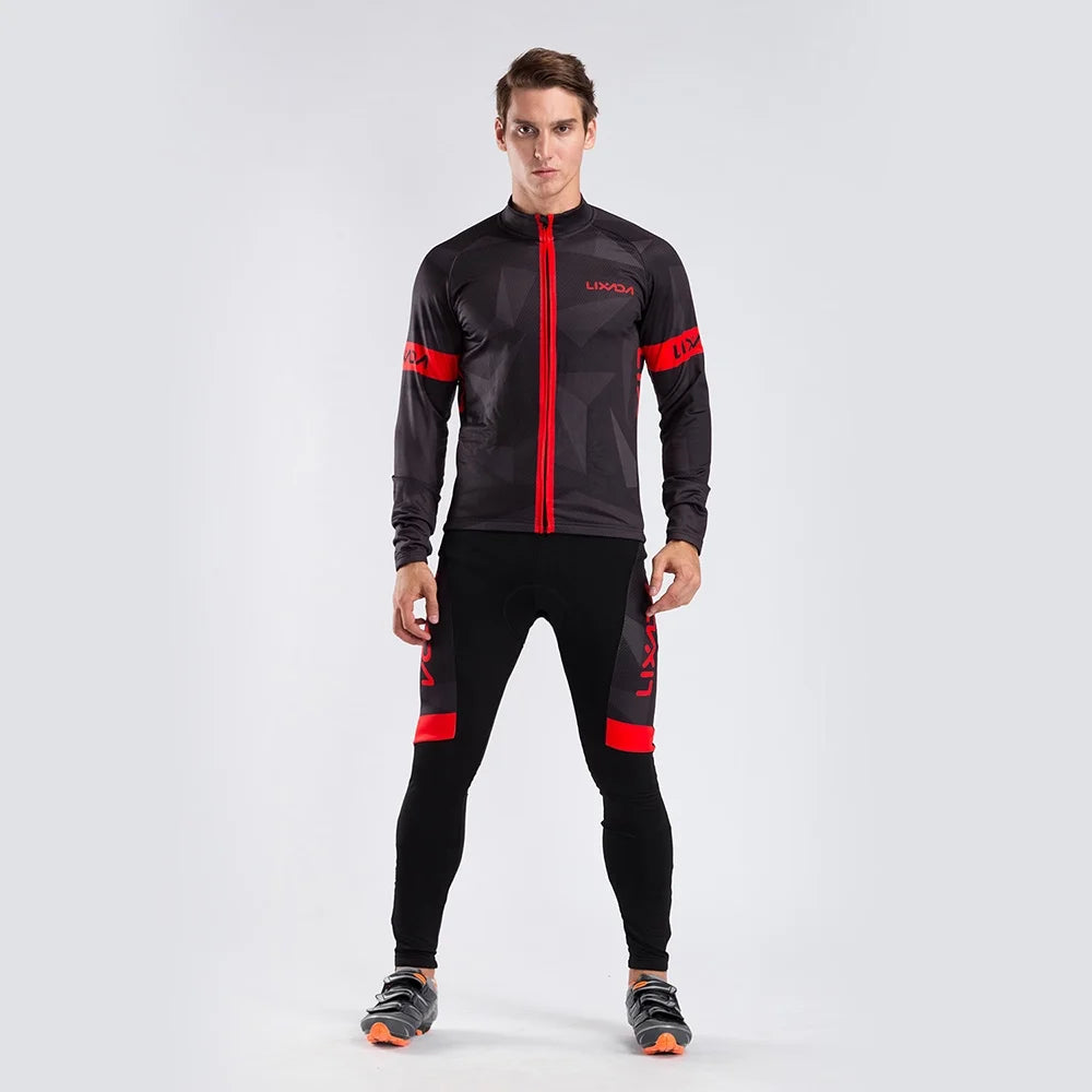Men's Thermal Fleece Cycling Clothing Set - Long Sleeve Jacket & Windproof Padded Pants Z849