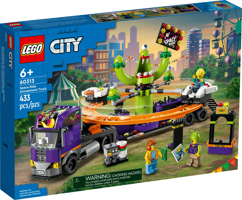 Space Ride Amusement Truck Toy with Trailer, Alien Roller Coaster and 3 Fairground Minifigures X33191