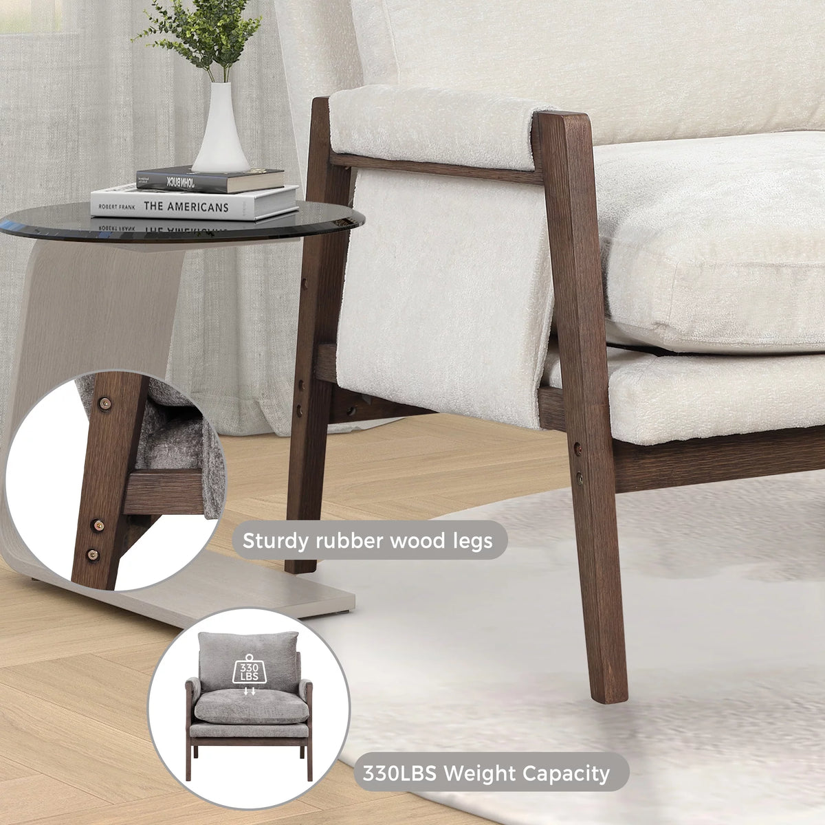 White Velvet Accent Chair with Solid Wood A72606