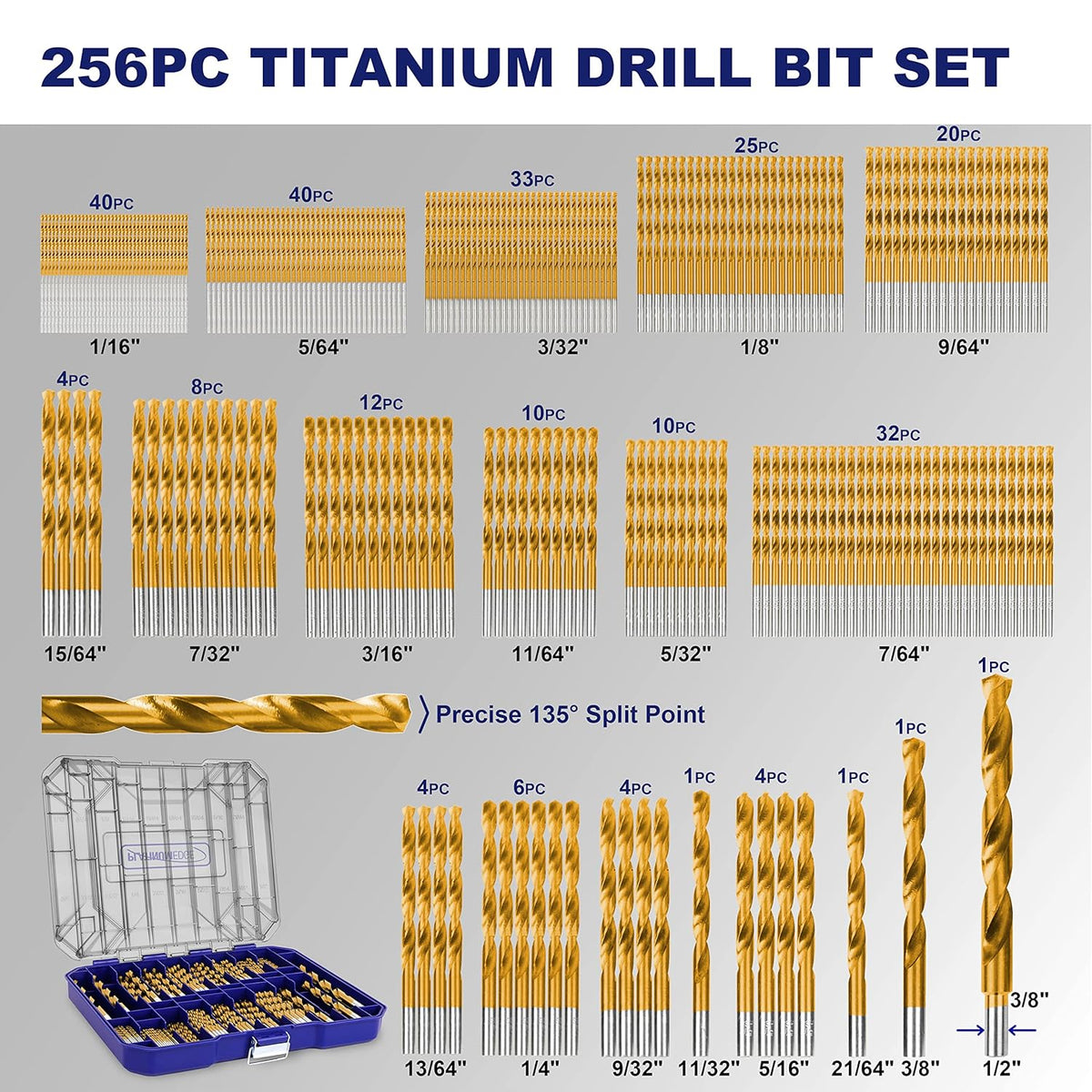 276 Piece Titanium Twist Drill Bit Set with S2 Bits, High Speed Steel Z62824