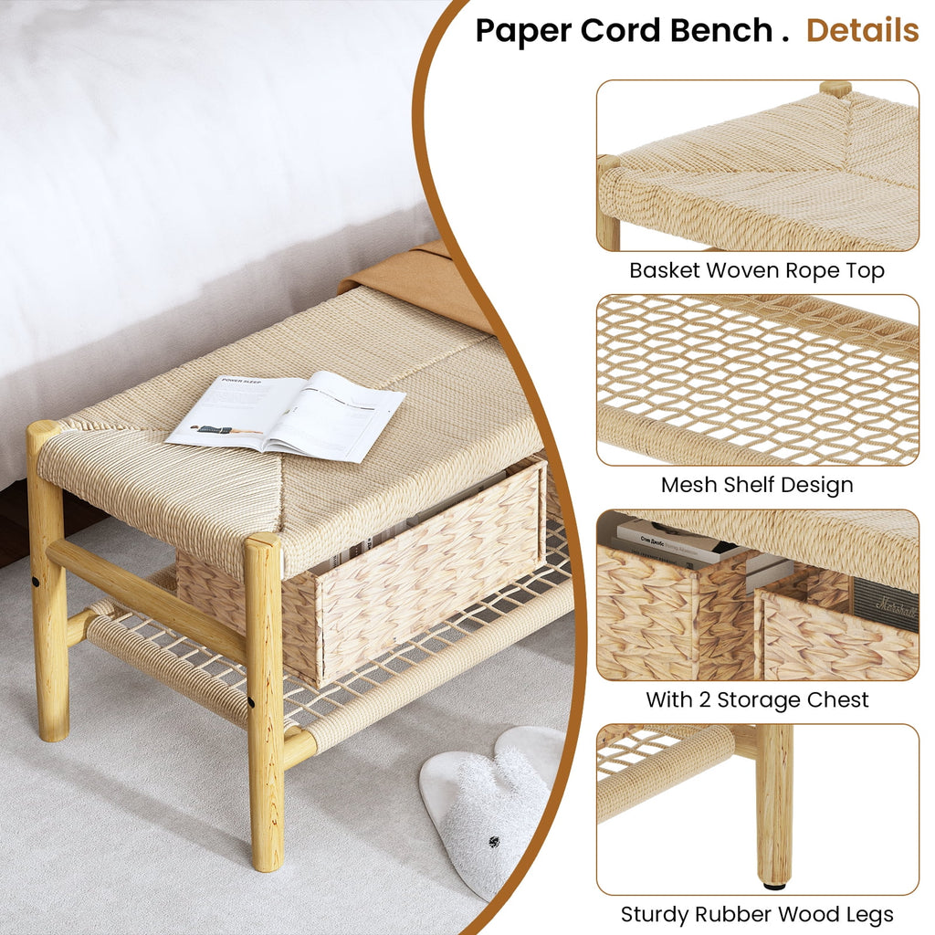 39 inch Rattan Storage Bench with 2 Baskets I701