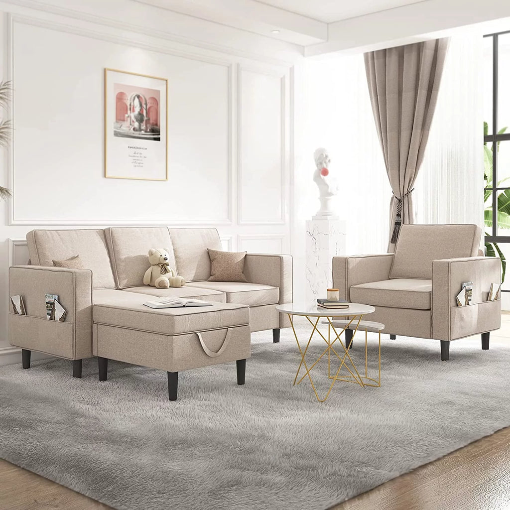 Beige Convertible Sectional Sofa with Storage Ottoman H832
