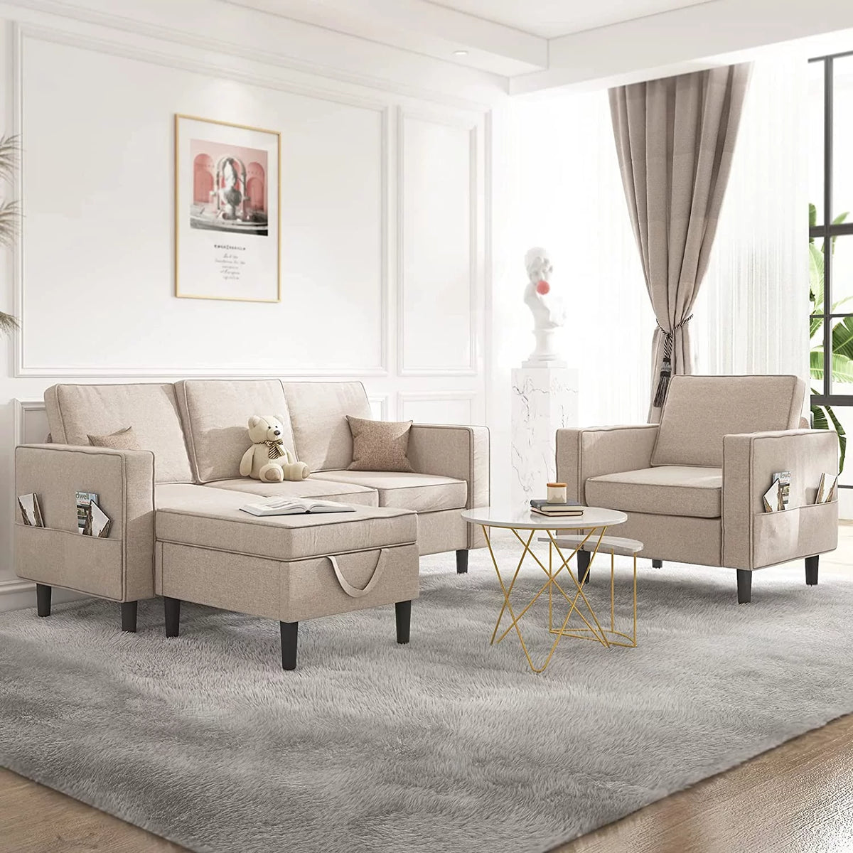 Beige Convertible Sectional Sofa with Storage Ottoman H832