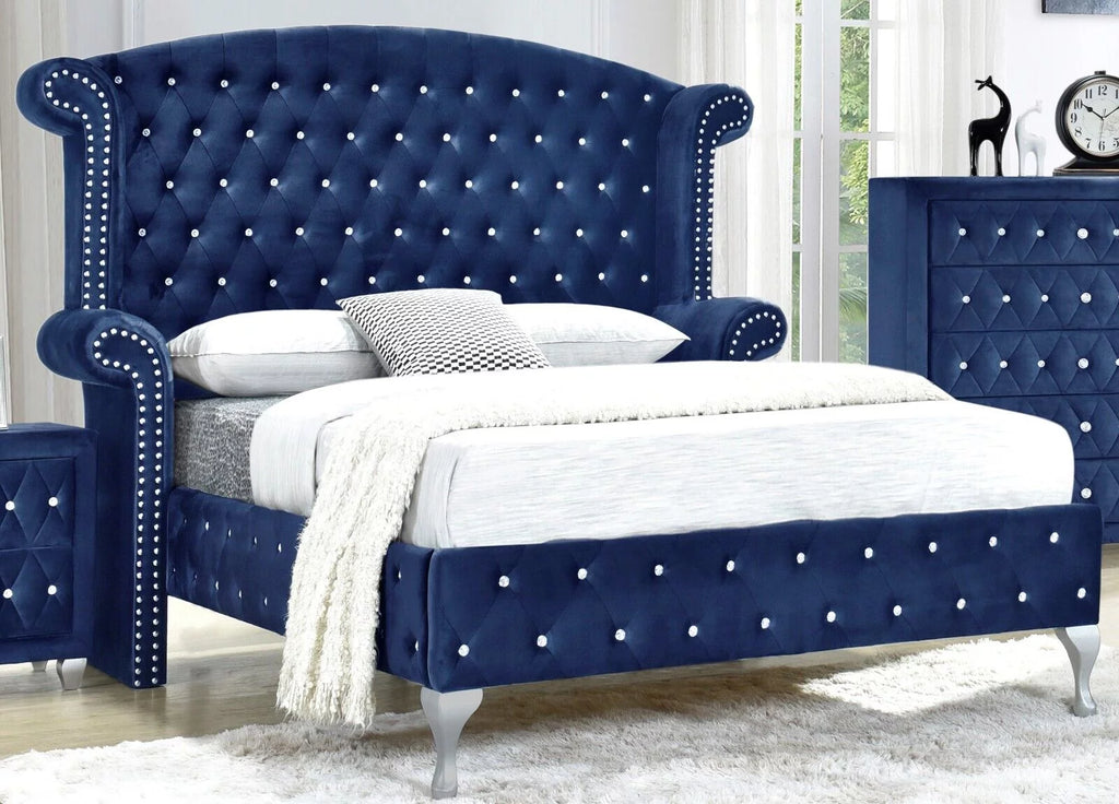 5Pc King Size Bed Dresser Mirror Nightstand Set Blue Velvet J25750