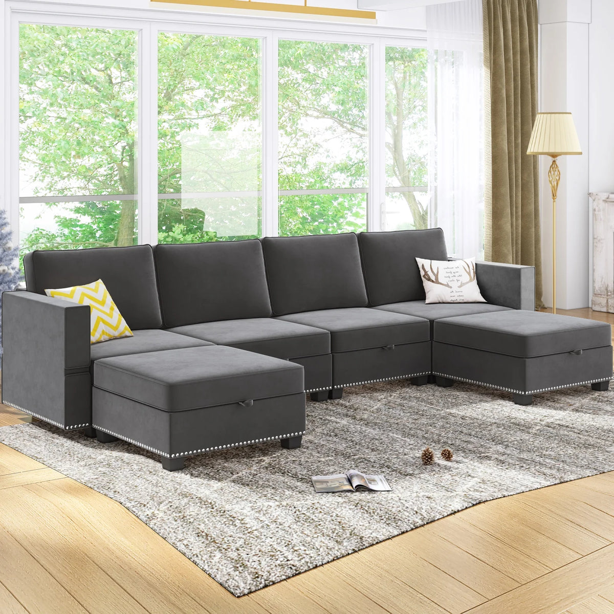 Dark Grey 6 Seater Modular Sectional Sleeper Sofa with Storage F7646