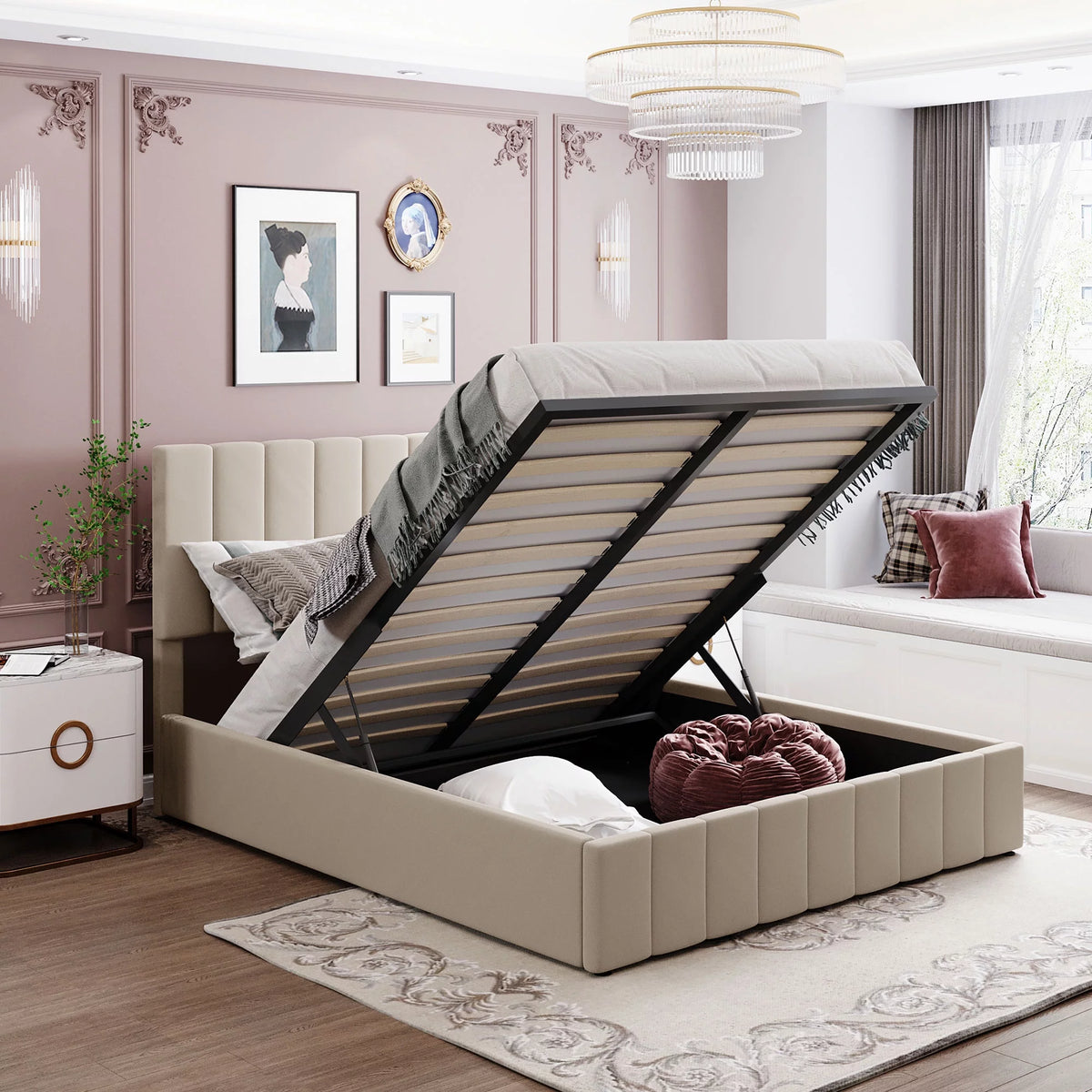 Upholstered Platform Bed Frame with Hydraulic Storage Q603