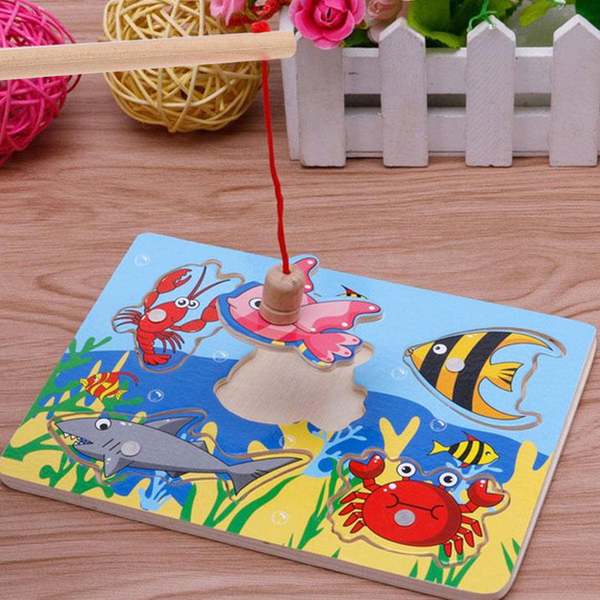 3pcs Kids Magnetic Wood Fishing Rod Toys Educational Playthings P1436