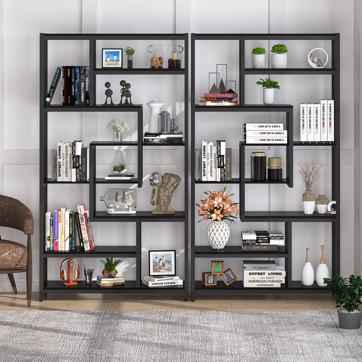 Black Staggered Bookshelf Etagere Bookcase X154672