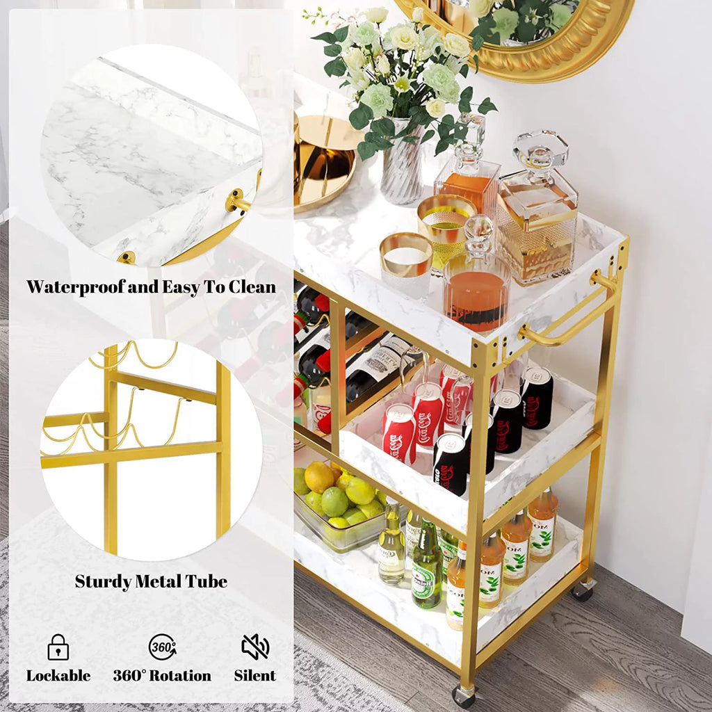 Gold Bar Cart with 12 Bottle Wine Rack K73909