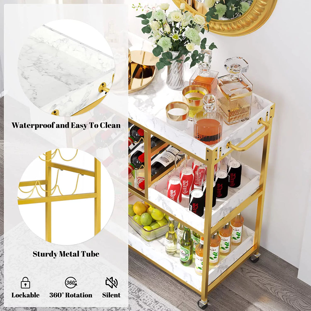 Gold Bar Cart with 12 Bottle Wine Rack K73909
