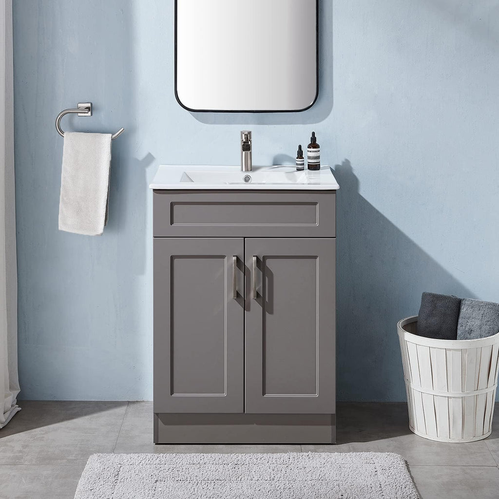 Gray 24 Inch Bathroom Vanity with Sink and White Ceramic Vessel Basin Top E6754