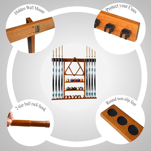 Wall Mount Pool Cue Stick Holder Hold 8 Cues Solid Wood Mahogany X434