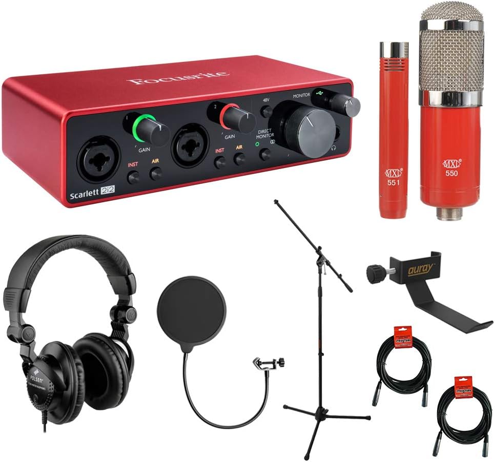 2-in 2-out USB Audio Interface with Mic, Headphones, Pop Filter, Mic Stand & XLR Cable Bundle D91674