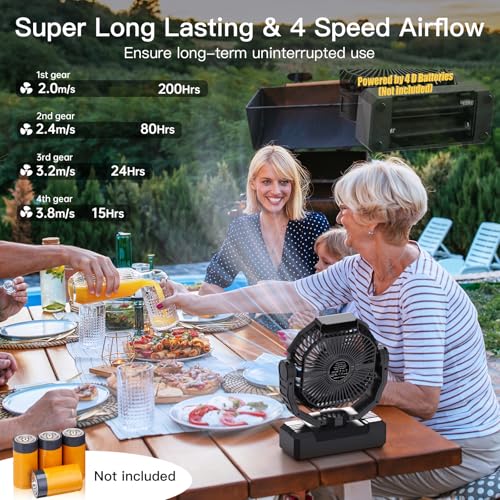Portable Camping Fan with 4 Speeds, Light, Timer, Remote - Black F885436