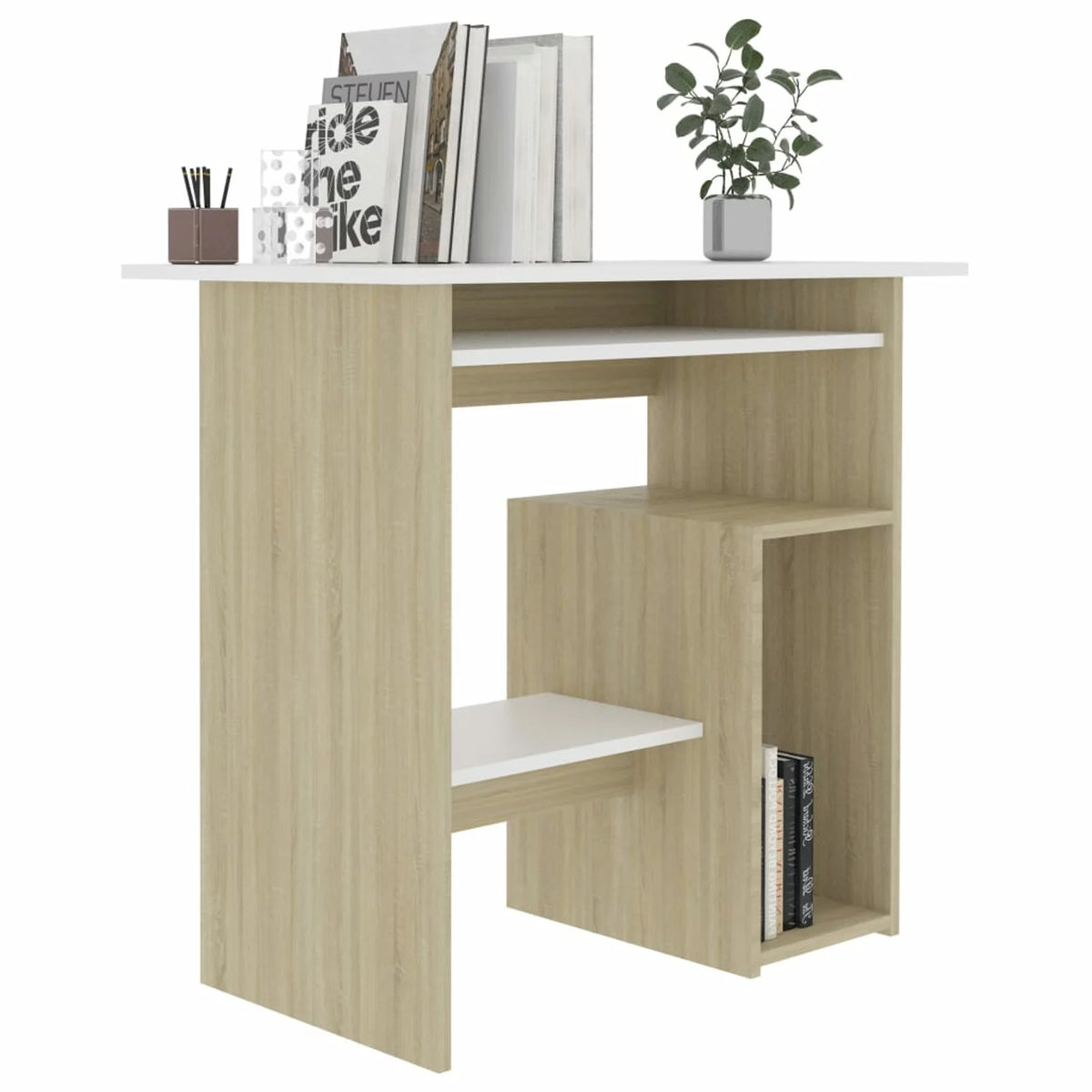 White Computer Desk with Keyboard Tray and Storage Shelves L694185