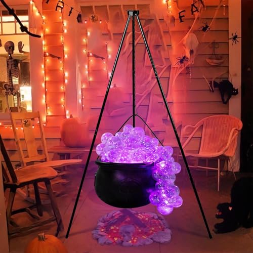 Large Witches Cauldron On Tripod with String Lights, Purple F86258