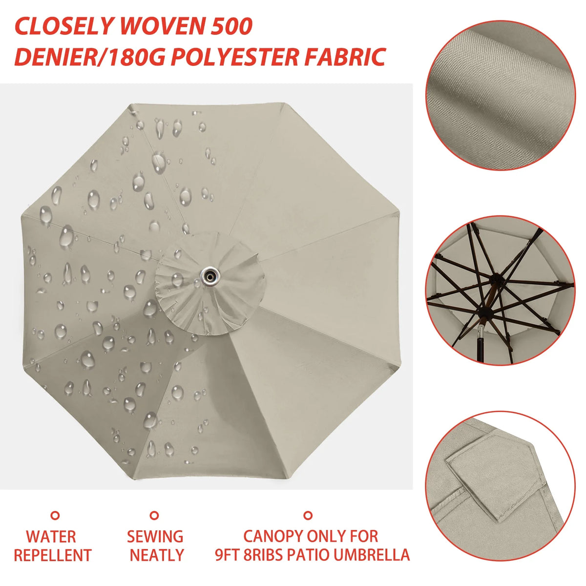 Beige Replacement Canopy for Round 9FT Patio Umbrellas with 8 Ribs K991374