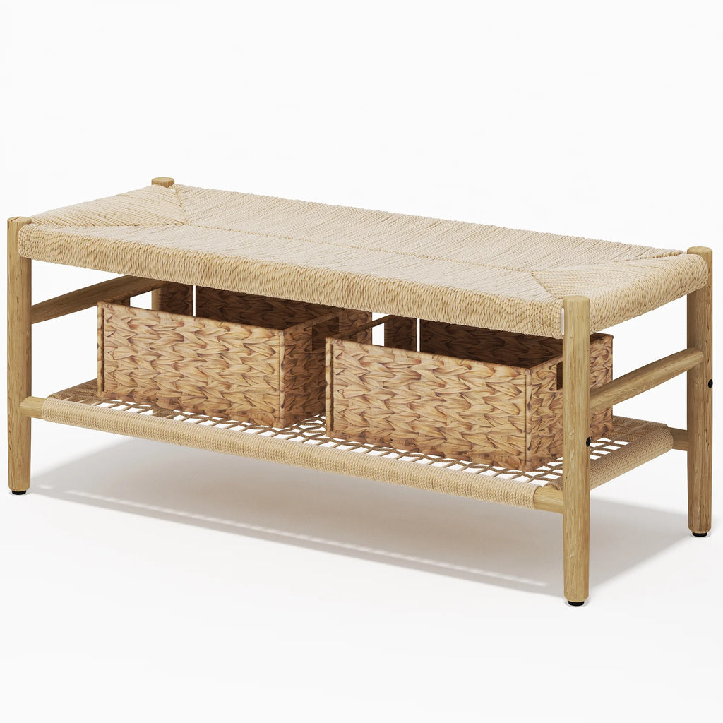 39 inch Rattan Storage Bench with 2 Baskets I701