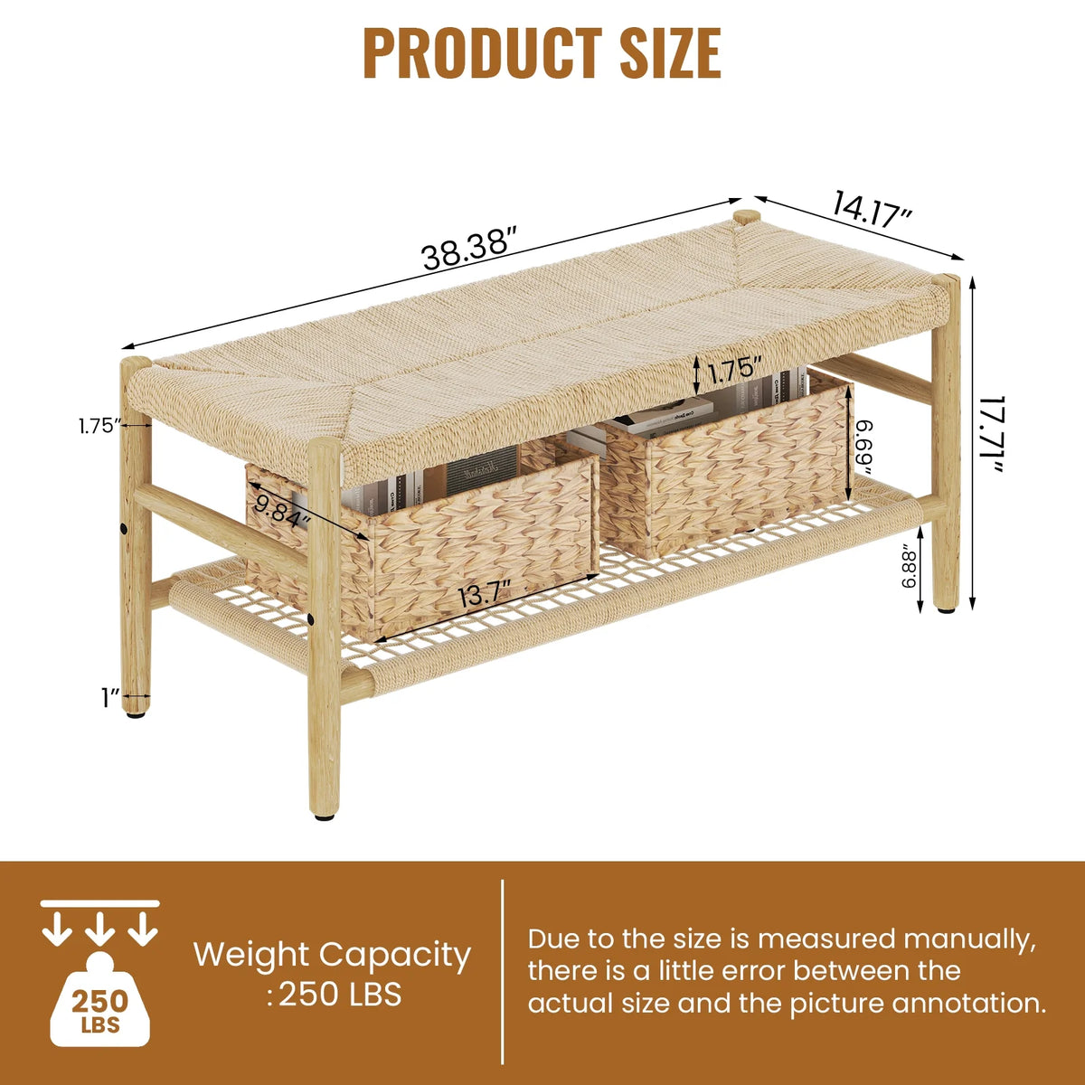 39 inch Rattan Storage Bench with 2 Baskets I701