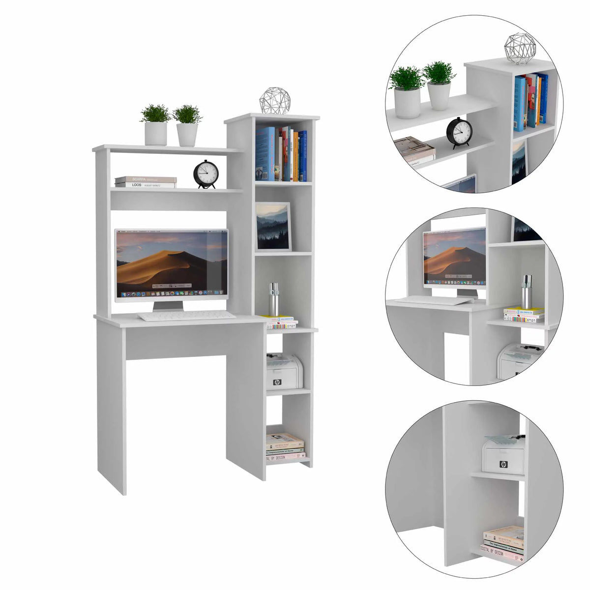 6-Shelf White Writing Desk with Bookcase W8708