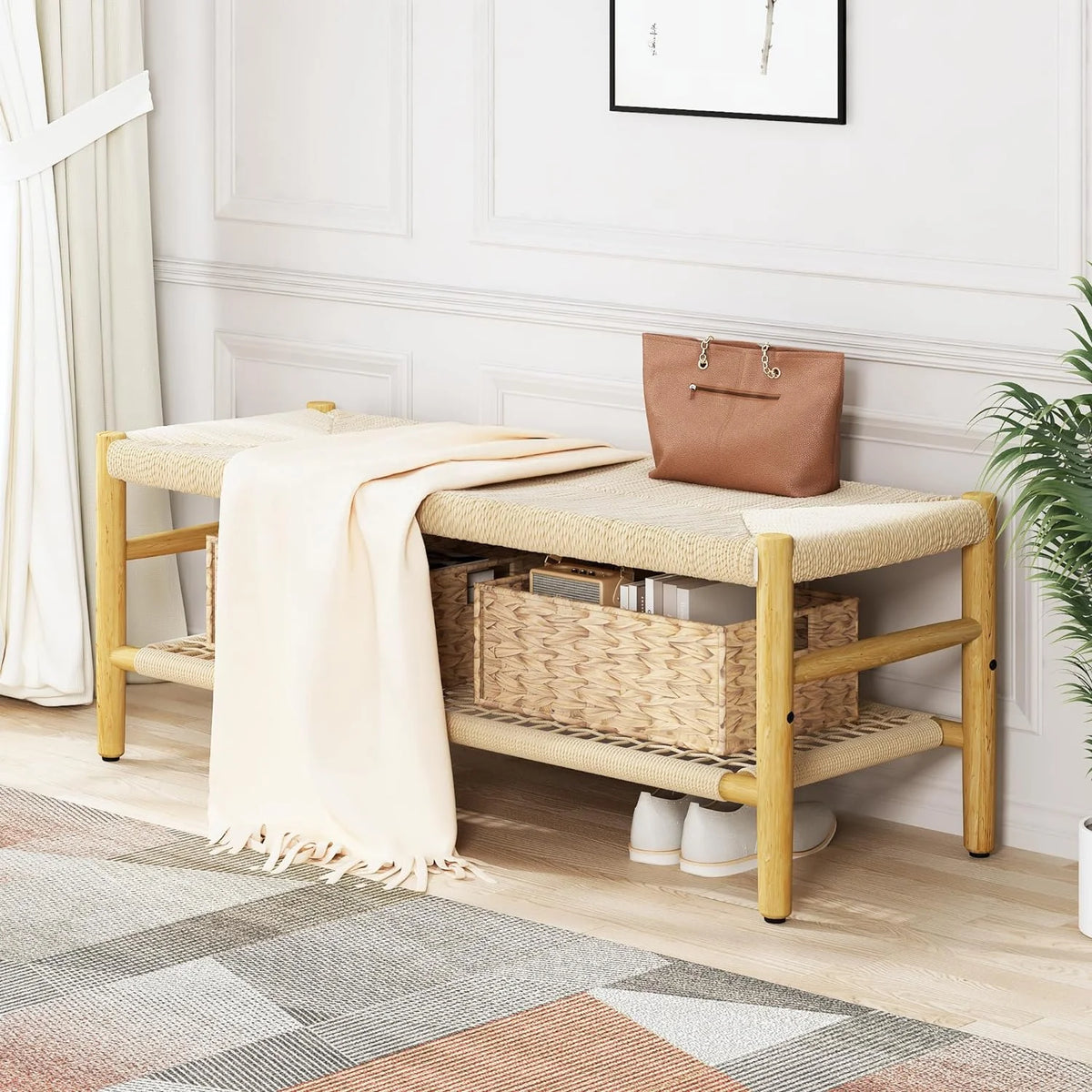 39 inch Rattan Storage Bench with 2 Baskets I701