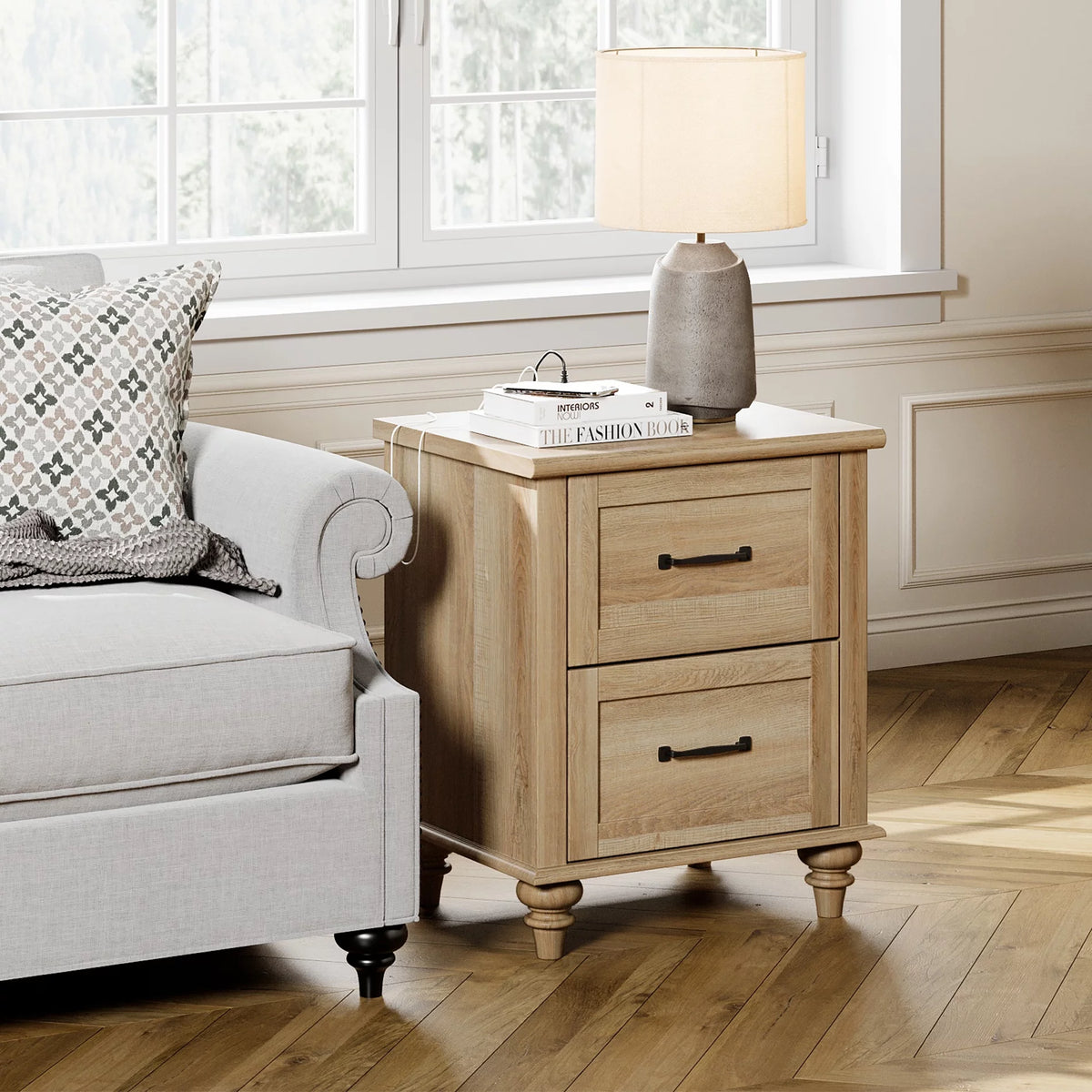 Light Rustic Oak Nightstand with Charging Station and 2 Drawers W69888