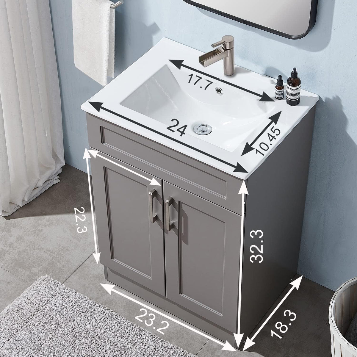 Gray 24 Inch Bathroom Vanity with Sink and White Ceramic Vessel Basin Top E6754