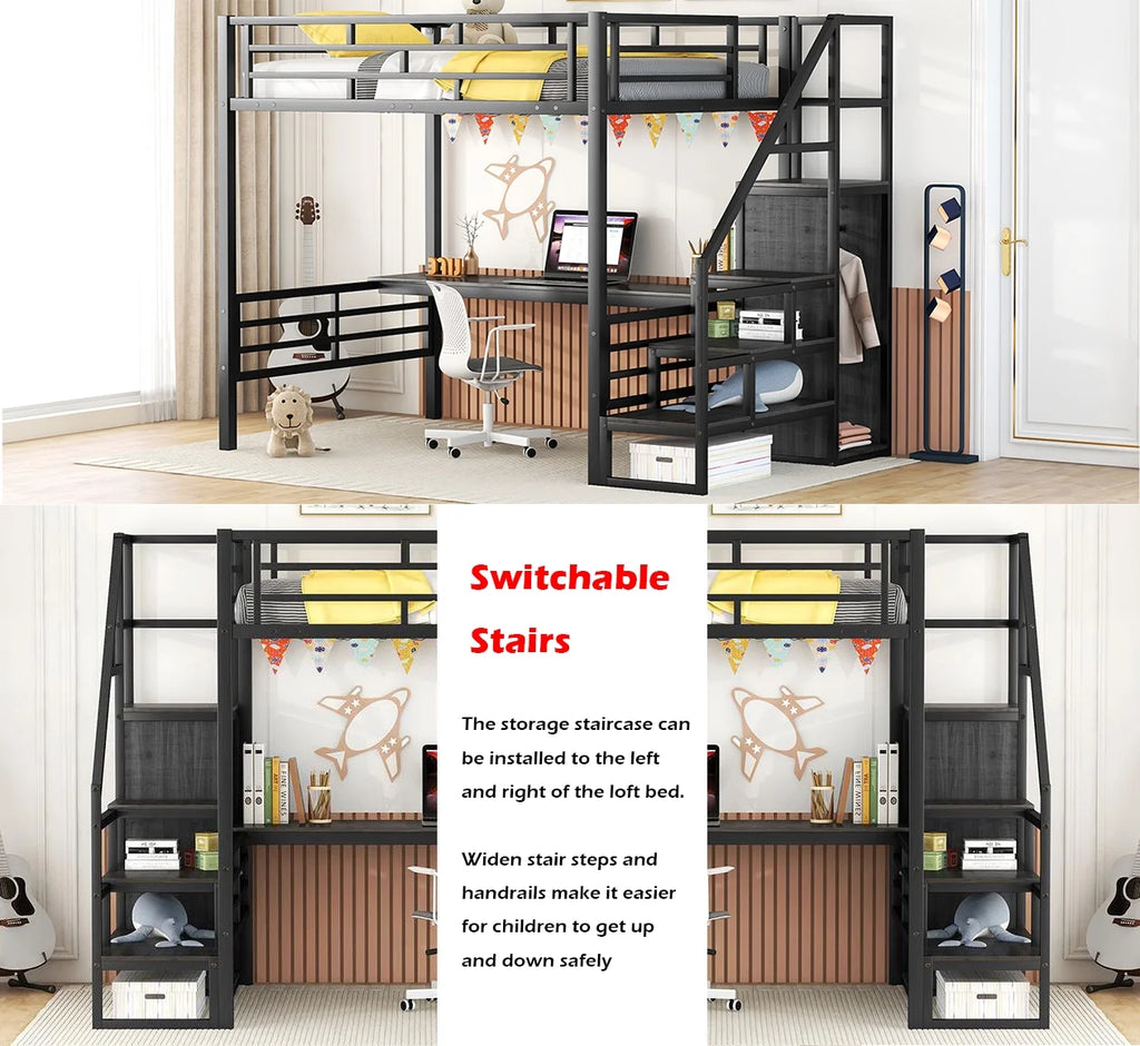 Full Size Black Metal Loft Bed with Storage Staircase and Desk B599636