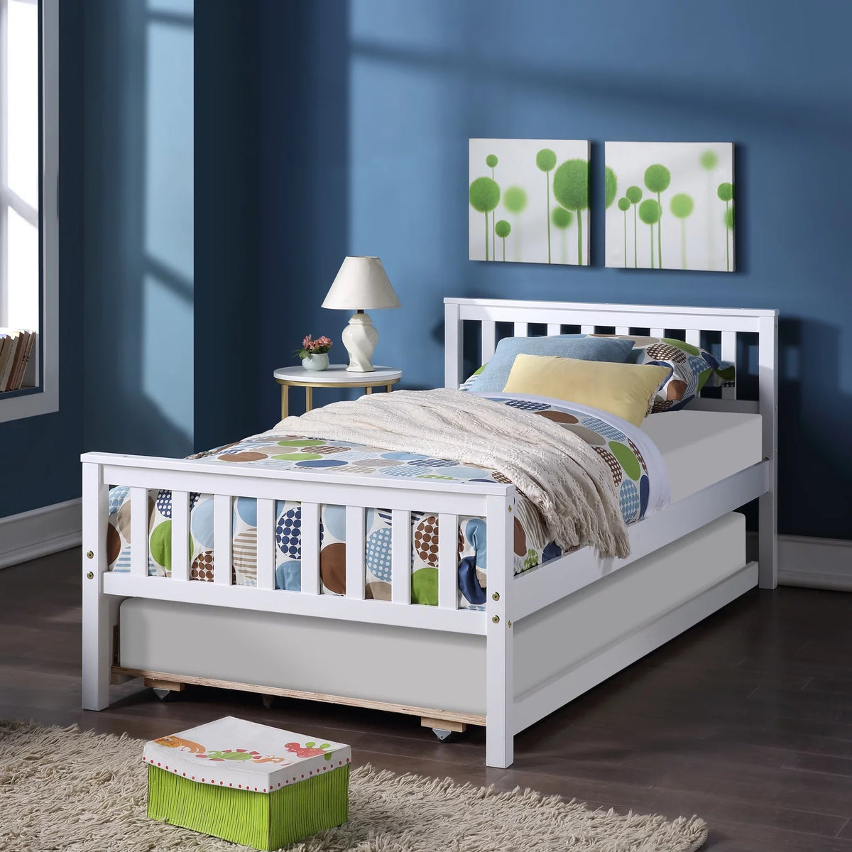 White Solid Pine Wood Twin Platform Bed with Trundle and Headboard Y5496