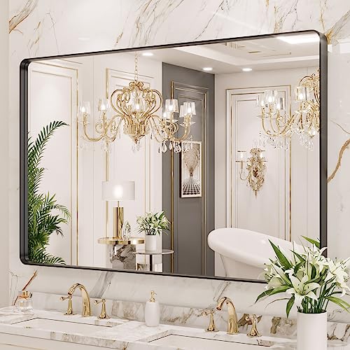 Black Metal Framed 22X30 Inch Rounded Rectangle Bathroom Mirror T1226