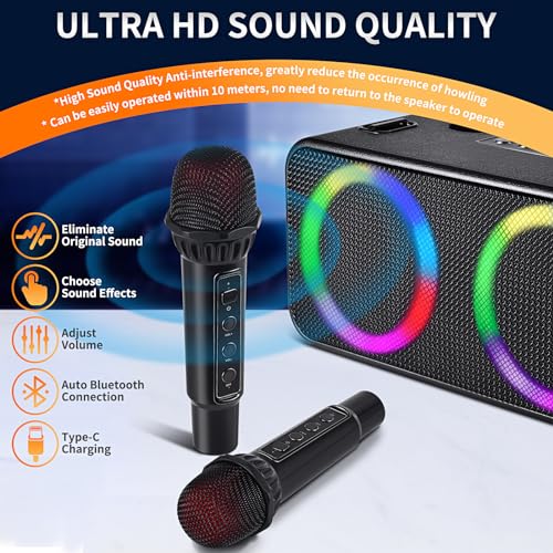 Black Portable Bluetooth Karaoke Machine with 6 Sound Effects and 4 Party Lights J7952