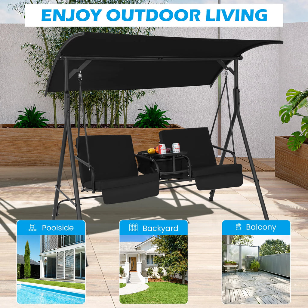 2-Person Canopy Porch Swing Padded Chair with Cooler Bag G6046