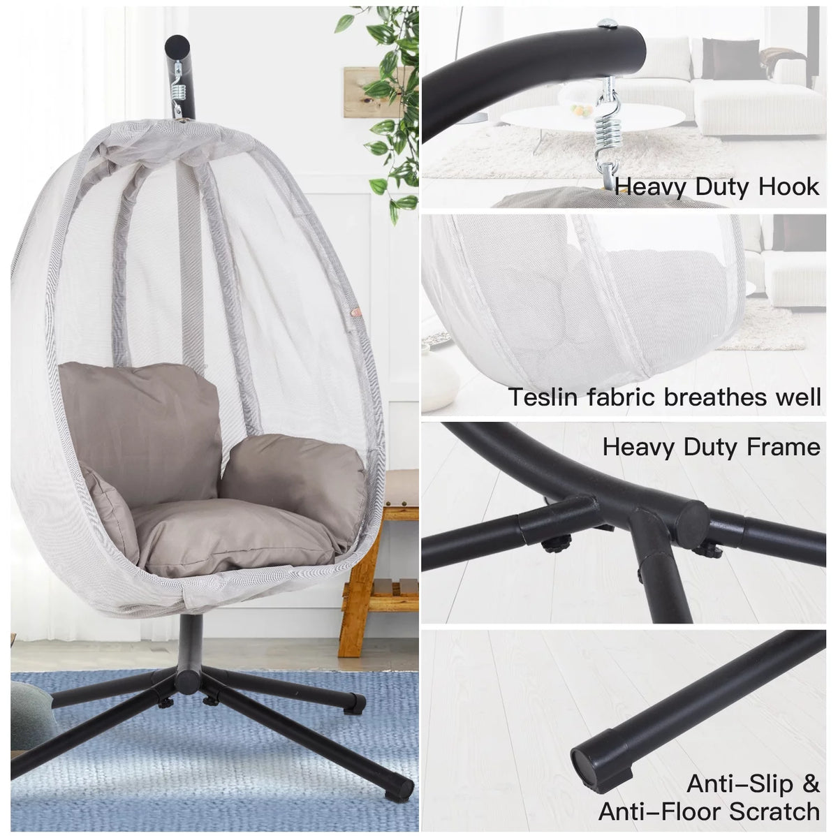 Egg Chair with Metal Stand and Cushion, 400LBS Capacity, Gray C139