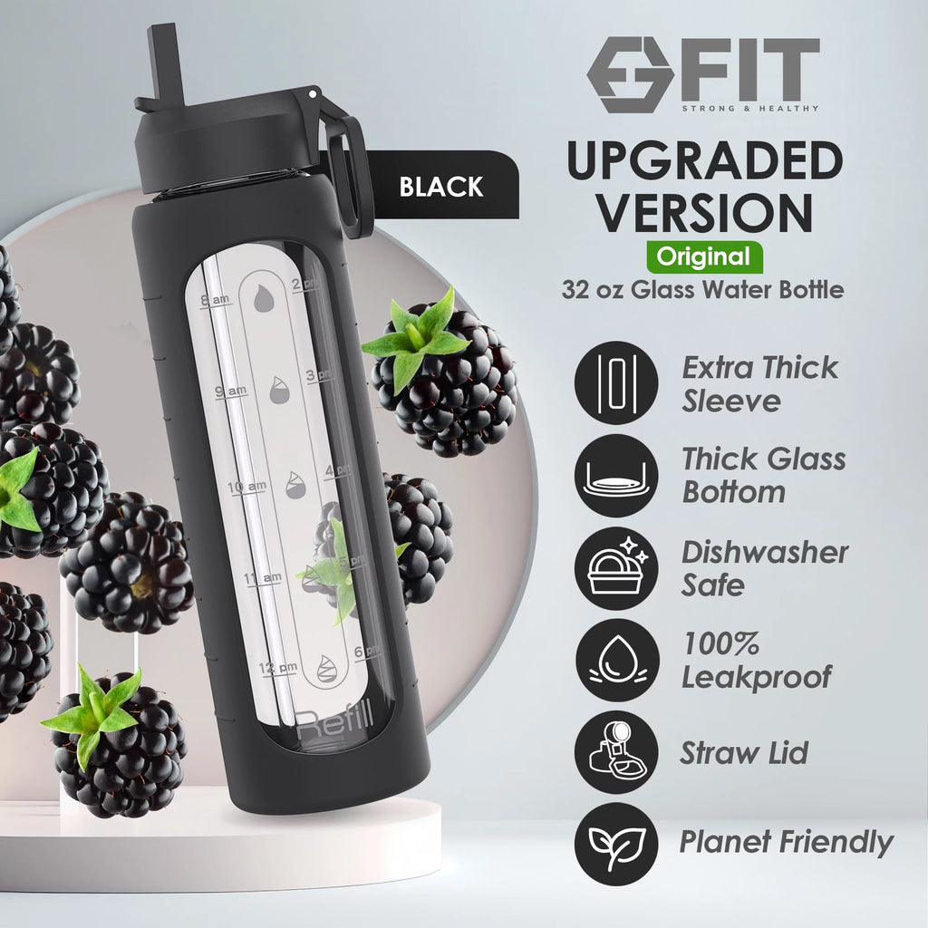 32 oz Glass Water Bottle with Time Marker and Carrier V473
