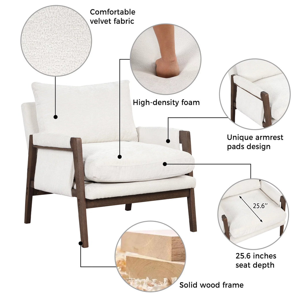 White Velvet Accent Chair with Solid Wood A72606