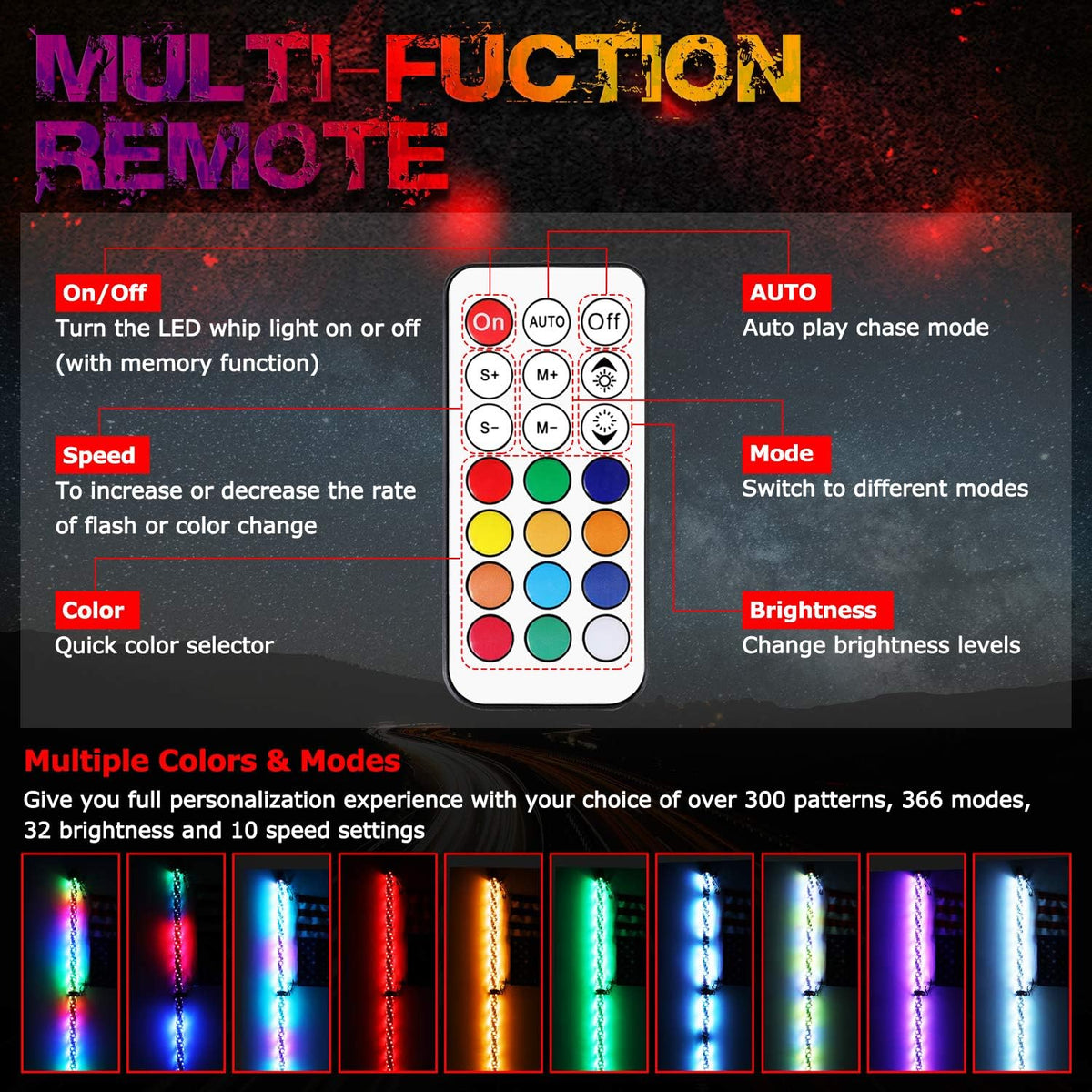 Pack of 2 LED RGB Whip Lights for Offroad UTV ATV H21077