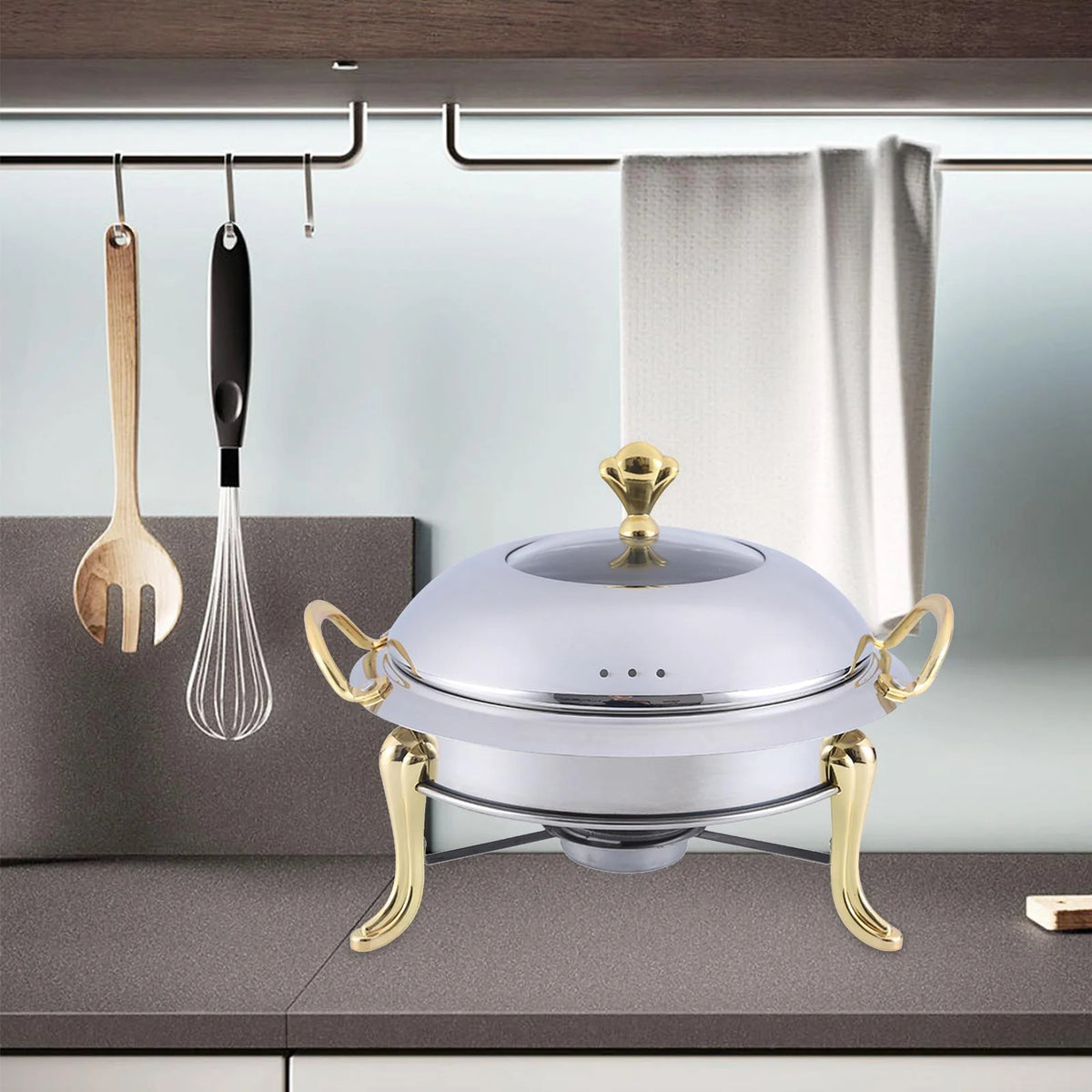 Stainless Steel Round Food Warmer with Glass Viewing Lid and Fuel Holder V5726