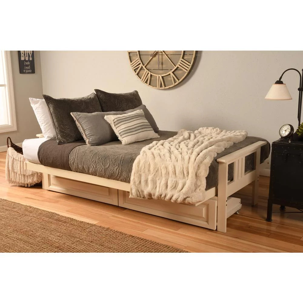 Antique White Wood Futon with Twill Gray Mattress J15386