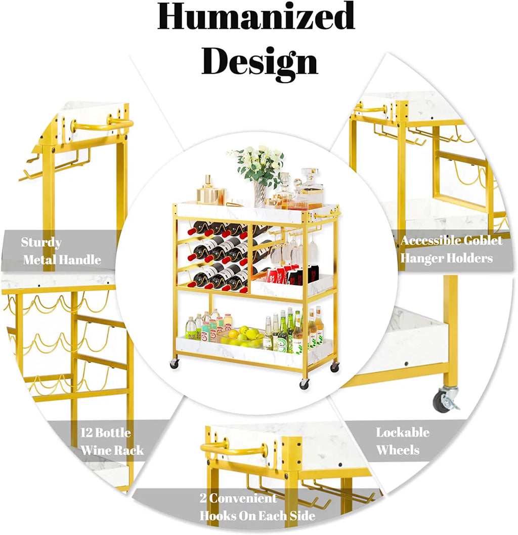 Gold Bar Cart with 12 Bottle Wine Rack K73909