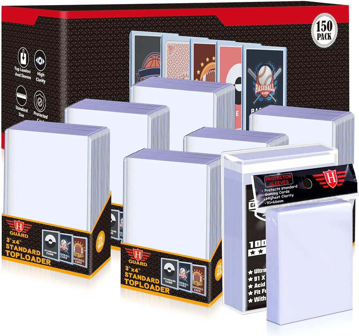 150 Count TopLoaders Card Sleeves and 200 Count Clear Soft Sleeves for Trading Card, Protective Sleeves Holder, Pack of 2 S279647